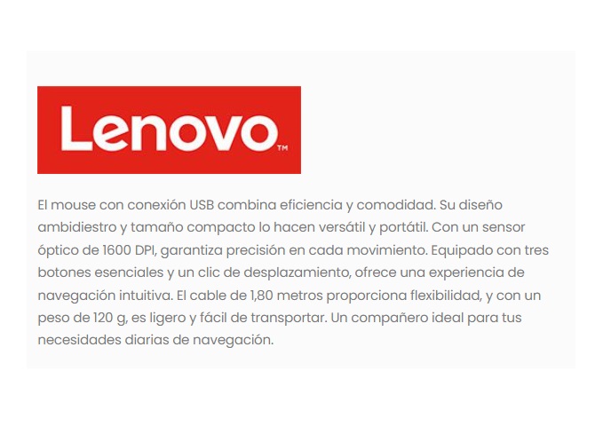 Mouse Lenovo 300 USB Black 1600 DPI para diestros y zurdos
