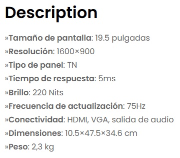 Monitor TEROS de 19" TE-1916S 19.5 PULGADAS /1600X900 / Plano / 75Hz / TN / 5Ms / HDMI - VGA