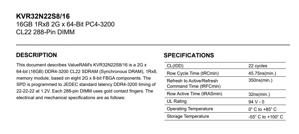 Memoria Ram Kingston 16gb DDR4 3200Mhz DDR4 NonECC CL22 1Rx8 KVR32N22S8/16