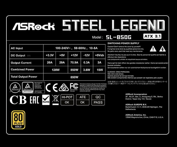 FUENTE DE PODER ASROCK Steel Legend SL-850G 850 watts Certificacion 80 plus Gold modular ATX