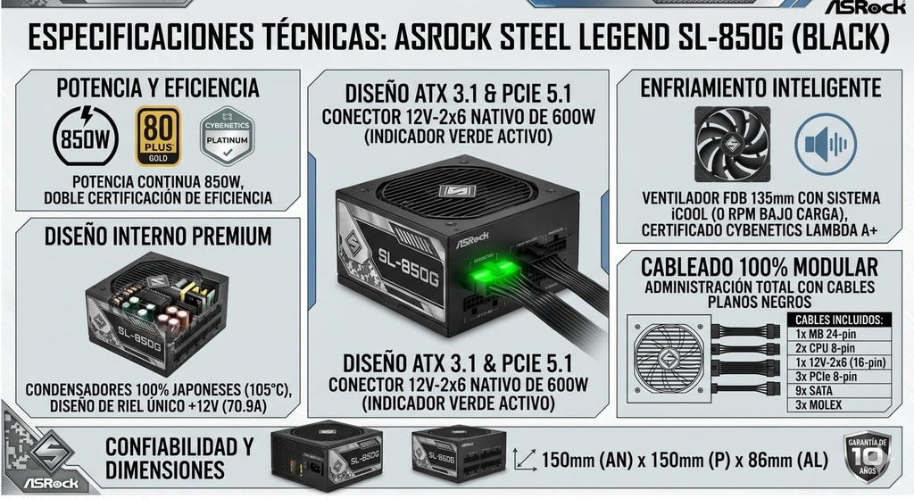 FUENTE DE PODER ASROCK Steel Legend SL-850G 850 watts Certificacion 80 plus Gold modular ATX