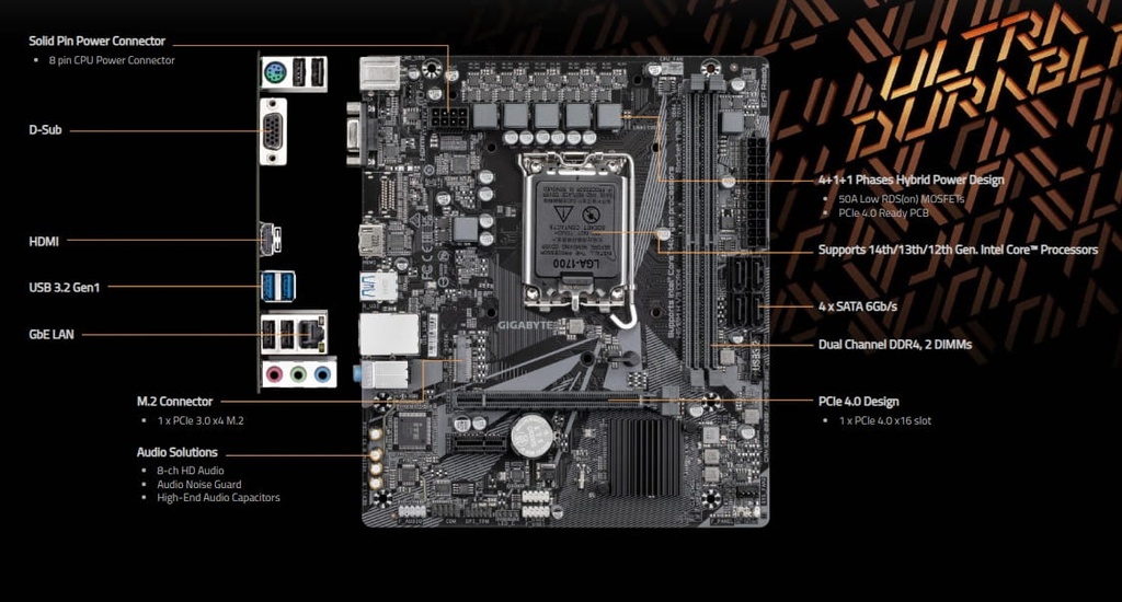 Mbo Gigabyte H610M H V3 DDR4 14VA LGA1700 2DDR4 D-SUB HDMI M.2 USB3.2 PCIe4.0 micro-ATX