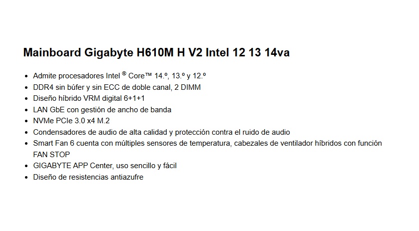 Mbo Gigabyte H610M H V3 DDR4 14VA LGA1700 2DDR4 D-SUB HDMI M.2 USB3.2 PCIe4.0 micro-ATX