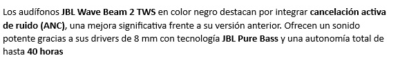 Audifonos JBL Wave Beam 2 TWS Inalambricos Black JBLWBEAM2BLK