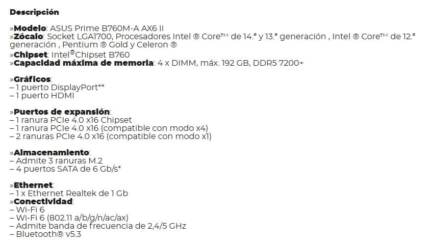 Mbo Asus Prime B760m-a Ax6 Lga-1700 Intel 14va. 4ddr5 Wifi Dp Hdmi 3m.2 12usb Pcie 4.0 Matx
