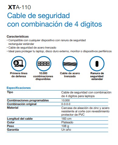 Cable Seguridad Xtech XTA110 con clave