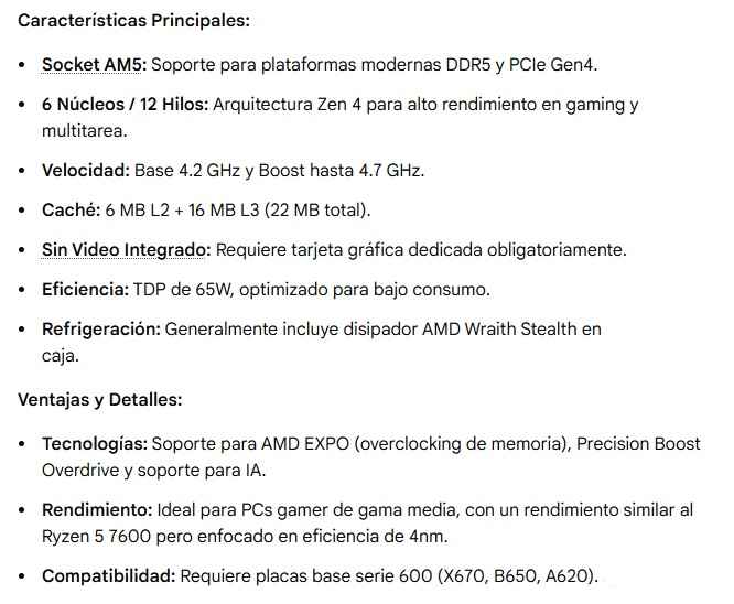 Procesador Amd Am5 Ryzen 5 8400F 4,2Ghz Hasta 4,7Ghz 6Nucleos 12hilos 16+6mb-cache 65w Sin Video