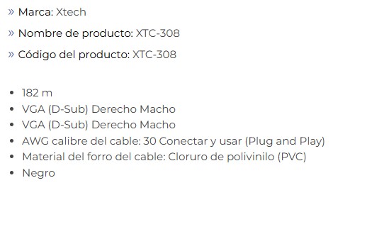 Cable Xtech VGA para Monitor o Proyector 6FT XTC308 macho a macho