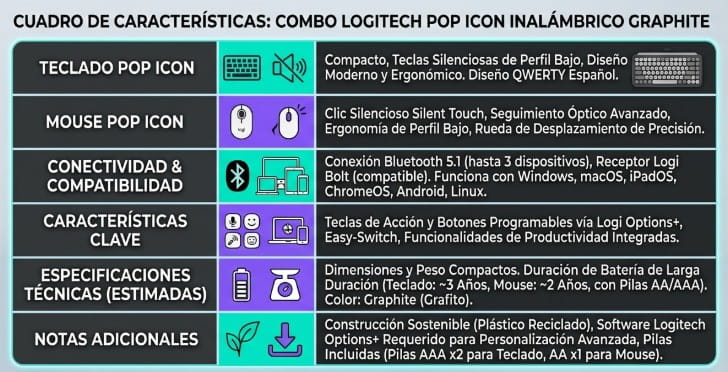TECLADO + MOUSE LOGITECH POP ICON INALAMBRICO GRAPHITE 920-013052