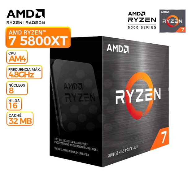 Procesador Amd Ryzen 7 5800XT Am4 3.8ghz Up to 4,8Ghz 8core 16hilos 32mb Cache 105w 7nm Box Sin Video