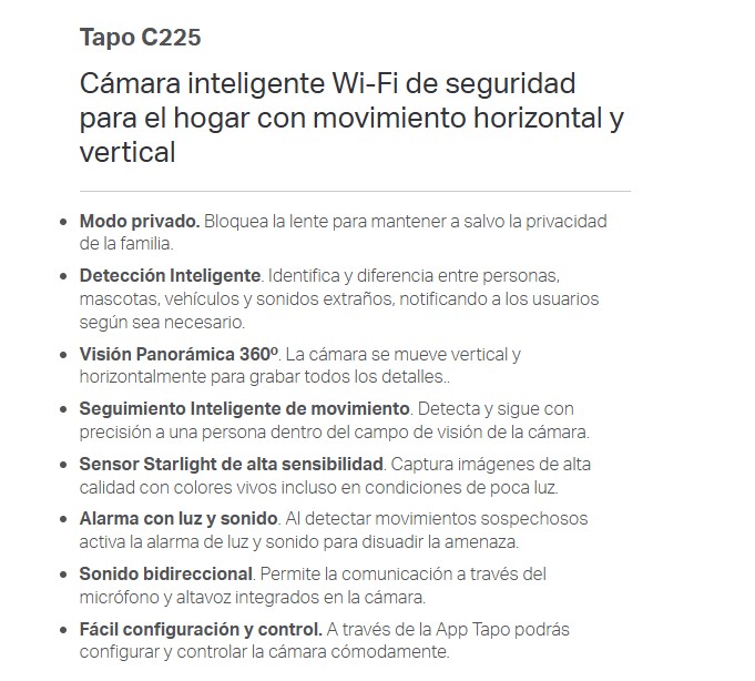 Camara TP-link TAPO C225 Wifi Rotatoria Vid-2k QHD 4MP 2688x1520 Deteccion IA Vision Noct Alarma Luz Son Audio Bid  1770500185