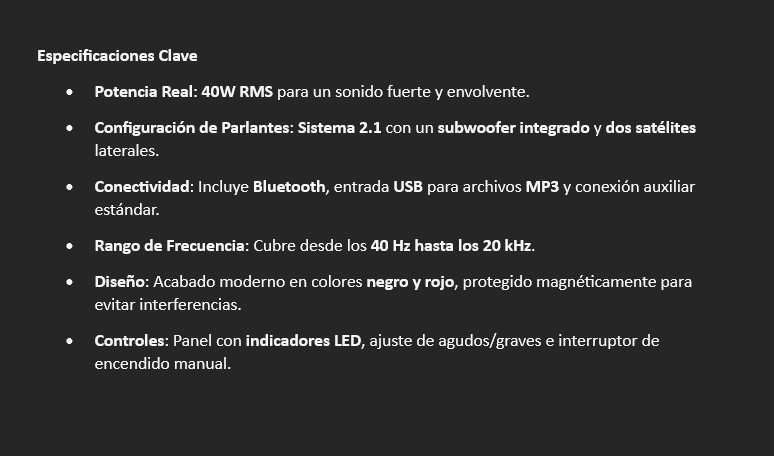 Parlantes Energy Sistem 400 Black & Red Sistema de Sonido con Subwoofer 2.1 40W RMS MP3 USB SD PN:391745