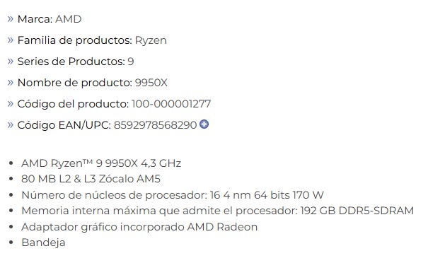 Procesador Amd Am5 Ryzen 9 9950X 4.3/5.7Ghz 16 Nucleos 32 Subprocesos Socket AM5 100-100001277WOF