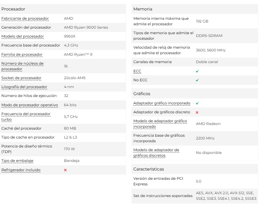 Procesador Amd Am5 Ryzen 9 9950X 4.3/5.7Ghz 16 Nucleos 32 Subprocesos Socket AM5 100-100001277WOF