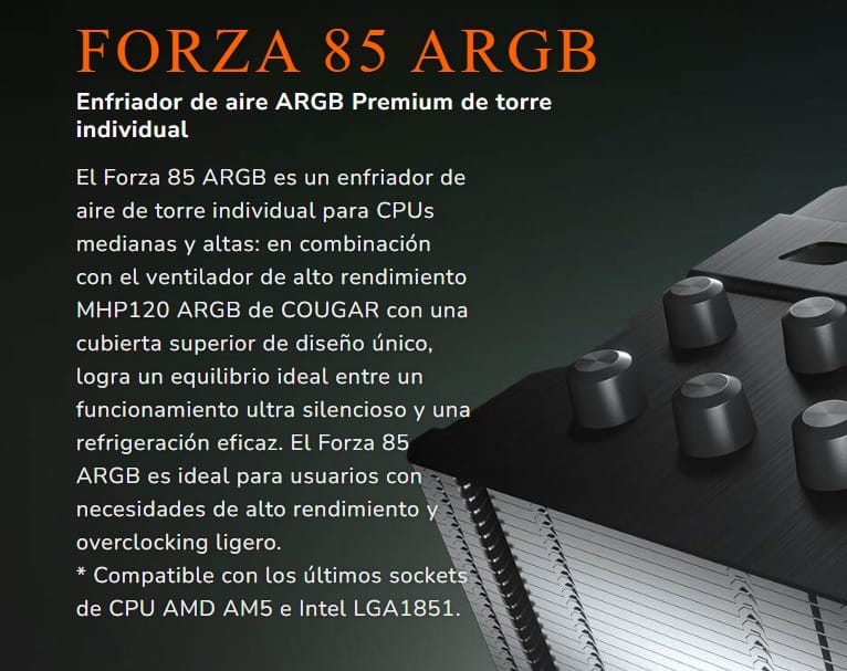 CPU COOLER Cougar Forza 85 ARGB Enfriamiento por aire 1 fan LGA1700 AM4/AM5 CGR-FZA85-ARGB