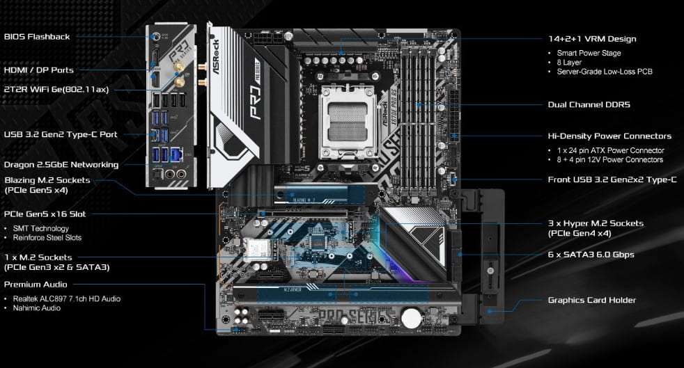 Tarjeta Madre Asrock X670E PRO RS AMD AM5 DDR5 4 slots HDMI 2.5 LAN WiFi + BT ATX