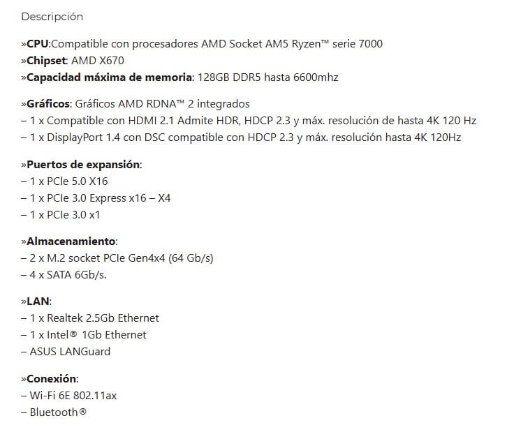 Tarjeta Madre Asrock X670E PRO RS AMD AM5 DDR5 4 slots HDMI 2.5 LAN WiFi + BT ATX