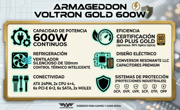 FUENTE DE PODER ARMAGGEDDON VOLTRON GOLD 600 Certificacion 80Plus Gold