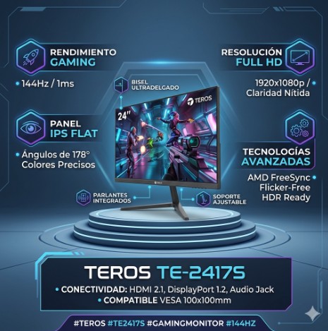 Monitor TEROS de 27" TE-2714S Plano Gaming 144HZ-1MS IPS FHD 1920X1080