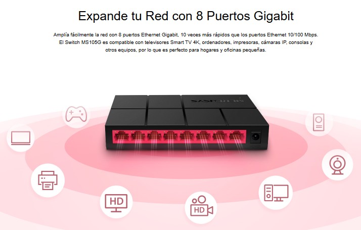 Switch Mercusys MS108G de 8 Puertos RJ45 10/100/1000 Gigabite