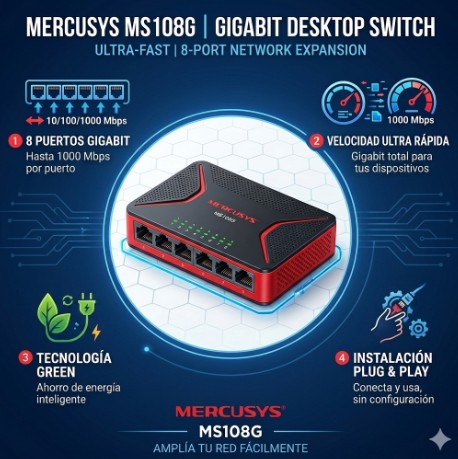Switch Mercusys MS108G de 8 Puertos RJ45 10/100/1000 Gigabite