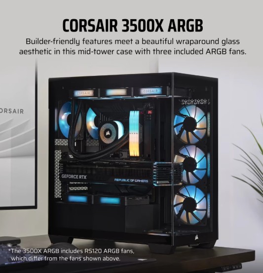 Case Corsair 3500 ARGB Mid-Tower Temperad Glass N-PS 3Vent-RS120 Black CC-9011278-WW