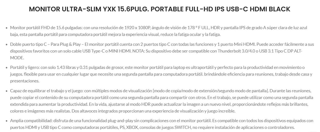 Monitor Ultra-slim Yxk 15.6pulg. Portable Full-hd Ips Usb-c Hdmi Black