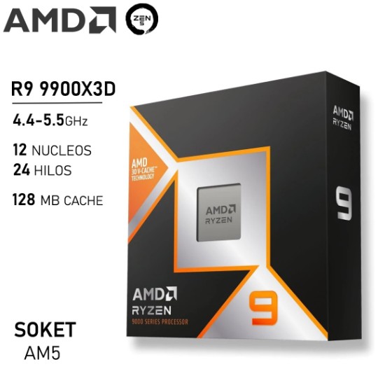 Procesador AMD ryzen 9 9900X3D 4.4GHz hasta 5.5GHz cache 128MB + 12MB socket AM5 no inc. disipador