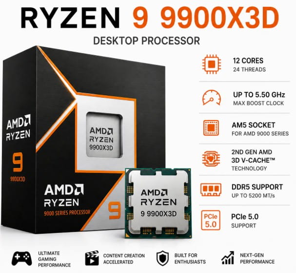 Procesador AMD ryzen 9 9900X3D 4.4GHz hasta 5.5GHz cache 128MB + 12MB socket AM5 no inc. disipador