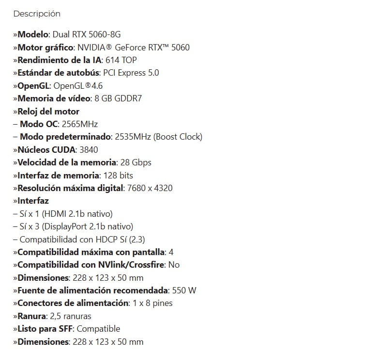 Tarjeta de Video Asus Dual RTX-5060 8Gb Oc Edition Gddr7 128bit 1hdmi 3dp 2vent Pcie 5.0 DUAL-RTX5060-O8G