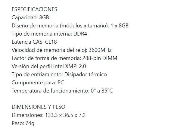Memoria Ram Acer HT100 8Gb DDR4 3600Mhz con disipador Grey BL.9BWWA.235