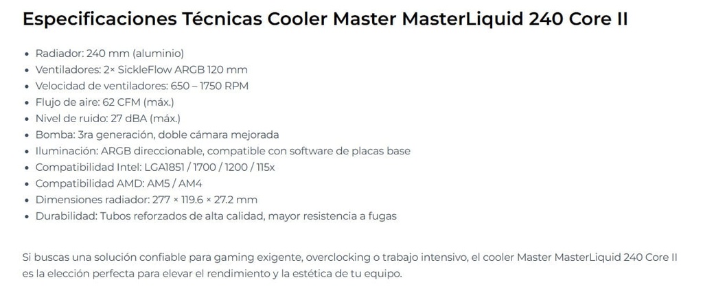 CPU COOLER CoolerMaster MasterLiquid 240 Core II ARGB Negro MLW-D24M-A18PA-R1
