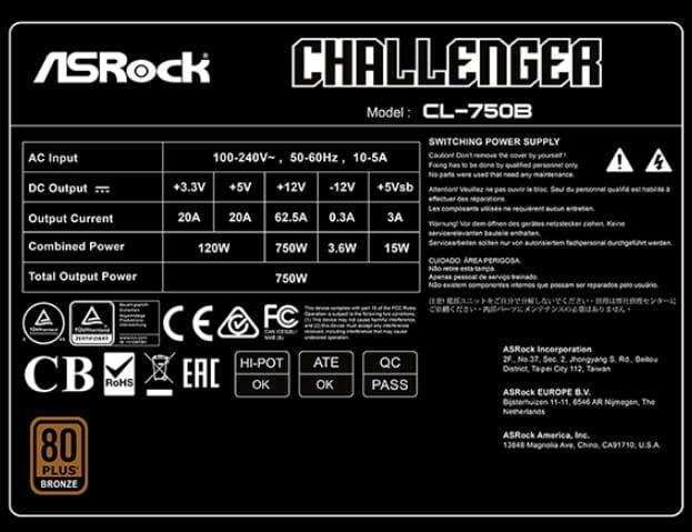 Fuente de poder Asrock Challenger CL-750B 750 watts certificacion 80 plus bronce ATX conector PCIe nativo 12V-2X6 BOOST de +5 Integrado