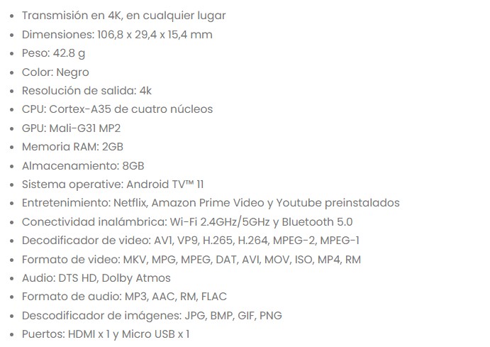 ADAPTADOR XIAOMI STREAMING TV STICK 4K CPU 4 CORE /RAM 2GB /8GB /ANDROID TV 11 /WIFI 5 /BT 5.2 /GOOGLE ASIST MDZ-27-AA