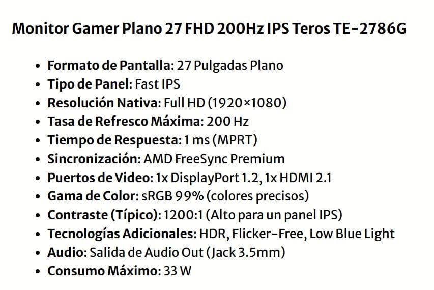 Monitor TEROS de 27" TE-2786G Plano Gaming 200HZ 1MS IPS FHD 1920X1080 1DP 2HDMI