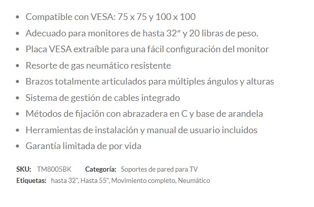Soporte Para Monitor UnnoTekno TM8005BK Neumatico para monitores de  hasta 32"