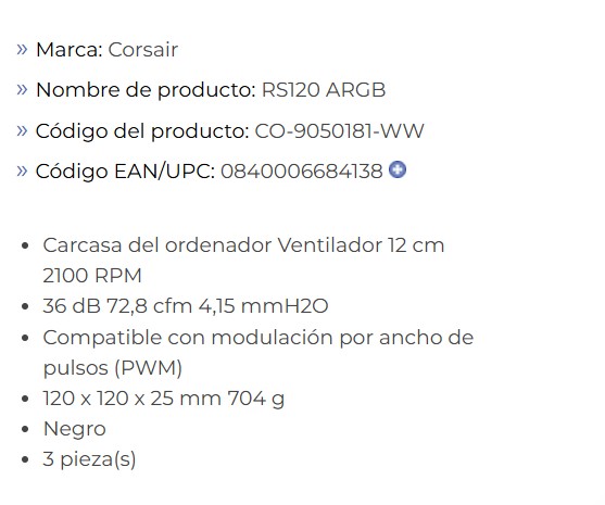 Cooler CORSAIR RS120 ARGB PWM 120mm Pack de 3 CO-9050181-WW