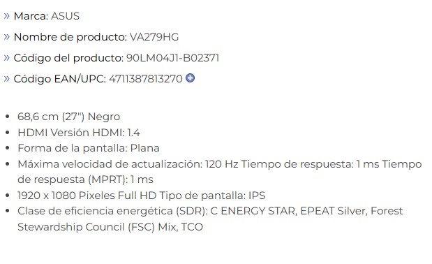 Monitor LED Asus 27" VA279HG  Eye Care IPS Full HD 99% sRGB  120Hz Sin marcos HDMI-VGA 90LM04J1'B013I1