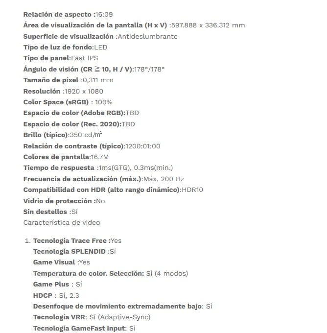 Monitor LED Asus 27" VG279Q5R TUF PLANO FullHD 200Hz Fast IPS 0.3ms Altavoz estéreo 90LM0BS0'B02EI1