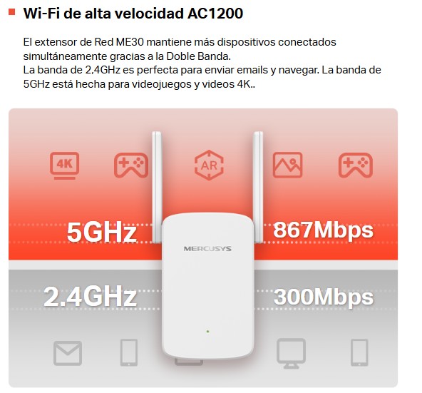 Wireless Repetidor Extensor AC1200 Mercusys ME30 DualBand 2Antenas 1xRJ45 White