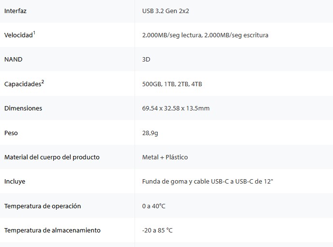 SSD Kingston Externo XS2000 1Tb Usb Type-C USB 3,2 Gen 2x2 2000MB/s lectura y 2000MB/s escritura SXS2000/1000G