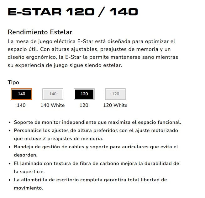 Mesa Gaming Cougar E-star 120 Ajuste electrico de altura