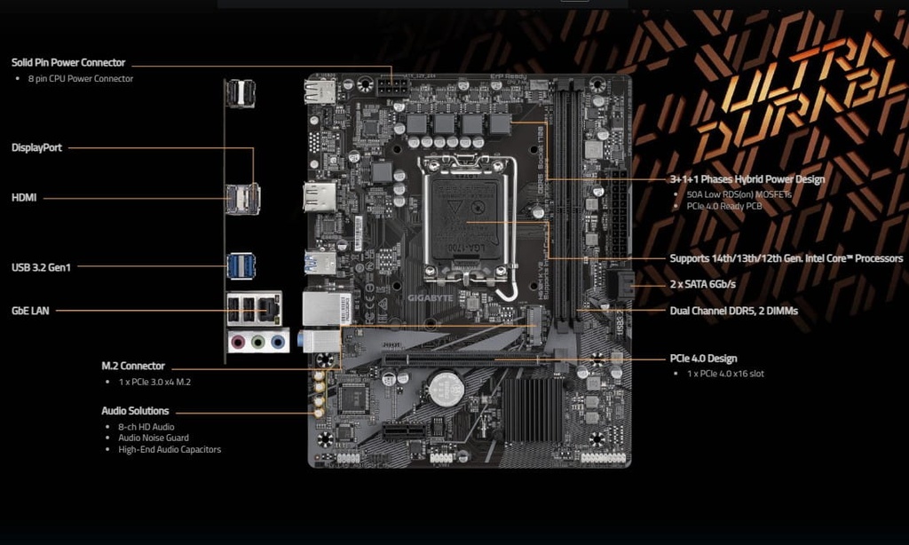 Mbo Gigabyte H610M K V2 DDR5 14va-13va-12va LGA1700 2XDDR5 HDMI DP M.2 6USB2.0 4USB3.2 PCIe4.0 mATX