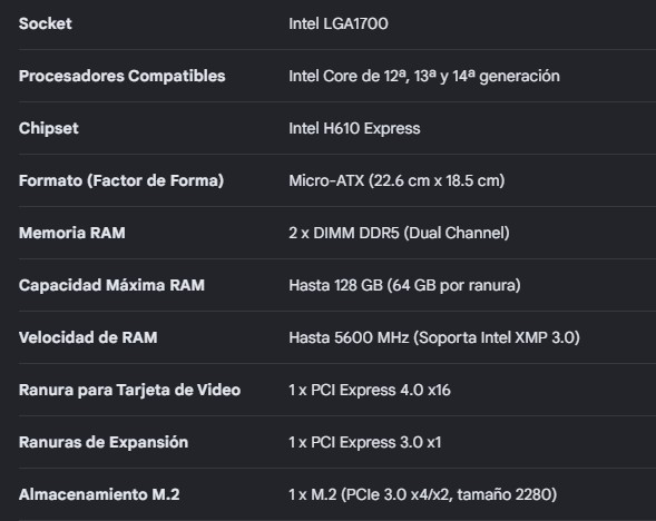 Mbo Gigabyte H610M K V2 DDR5 14va-13va-12va LGA1700 2XDDR5 HDMI DP M.2 6USB2.0 4USB3.2 PCIe4.0 mATX