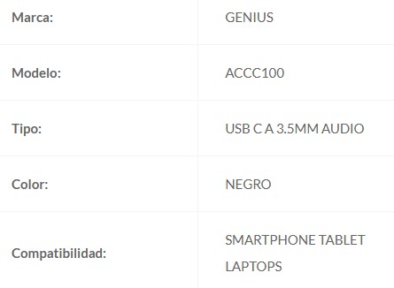 CABLE USB C A GENIUS 3.5MM AUDIO 24 BITS 96KHZ PLUG AND PLAY 10 CM