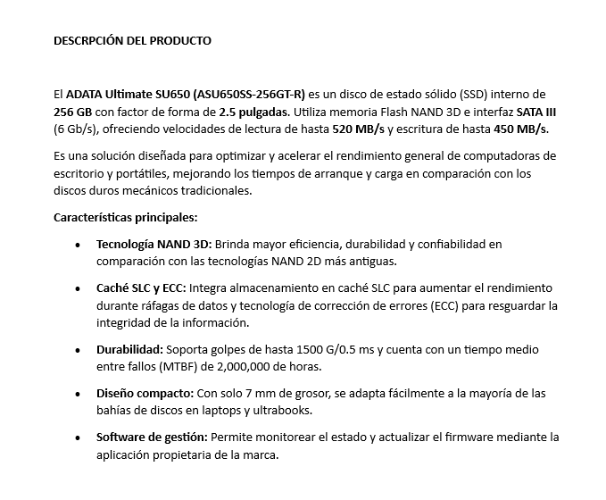 Disco Duro Solido Adata 256gb SU650 2,5Inch SATA III Hasta 520MB/s ASU650SS-256GT-R