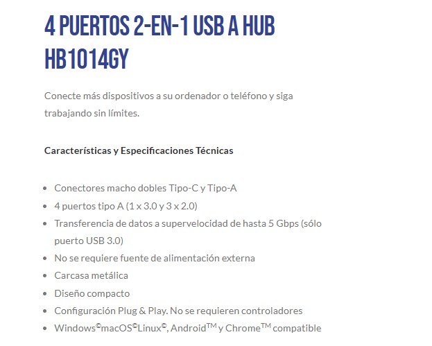 Hub de USB 2 en 1 a 3 Puertos Usb 2.0 + 1 Usb 3,0 externo Unnotekno HB1014GY
