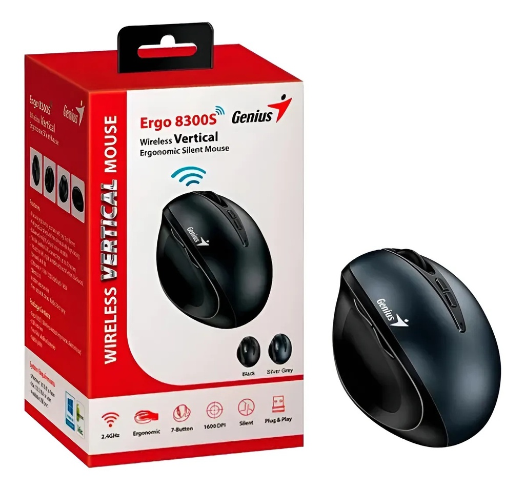 MOUSE GENIUS WIRELESS ERGO 8300 GRIS/ VERTICAL / SILENCIO / 7 BOTONES /RF 2.4GHZ / PILA AA X 1