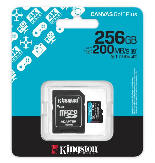 Memoria Kingston Micro Sd 256gb Canvas Go! Plus up to 200MB/s Read Class 10 Con Adaptador SDCG4/256GB