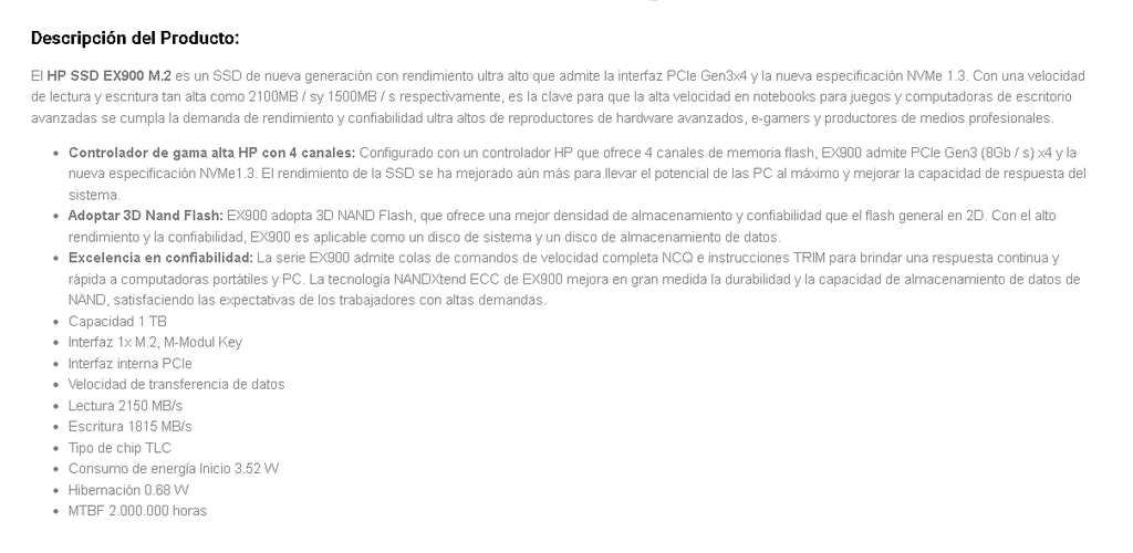 SSD HP EX900 Plus M.2 1TB M.2 2280 NVMe PCIe lectura 3300 MB/s escritura 2700 MB/s